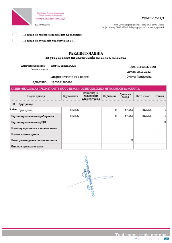 Republic of North Macedonia Public Revenue Administration income tax advance payment recapitulation template